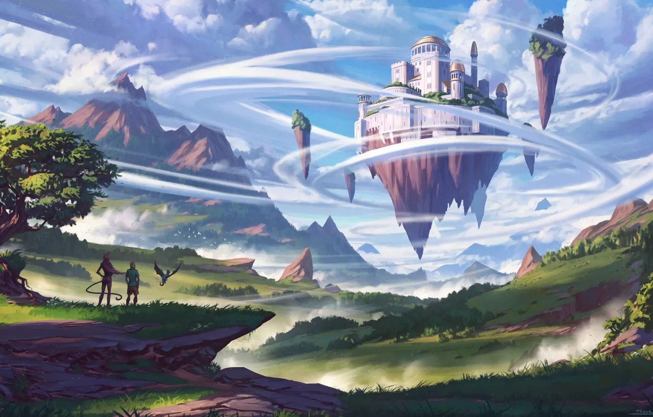 Фото обои Горы, Рисунок, Дворец, Замок, Холмы, Fantasy, Palace, Фантастика