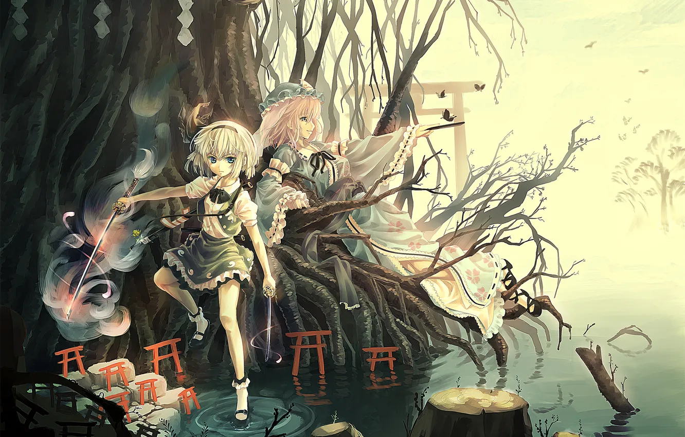 Фото обои озеро, девушки, дерево, меч, веер, арт, врата, touhou