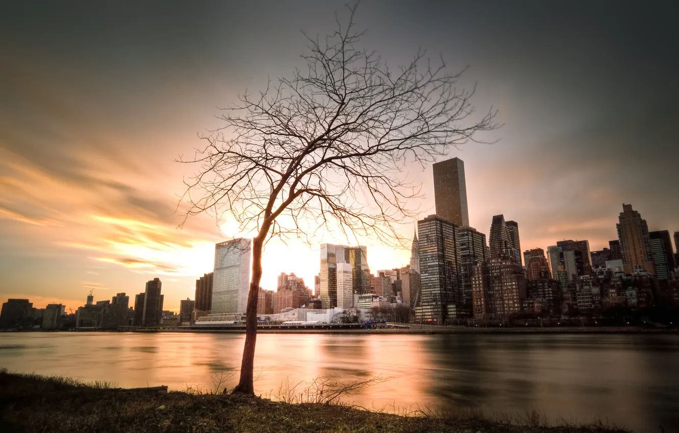 Фото обои закат, город, небоскребы, USA, америка, сша, New York City, нью йорк