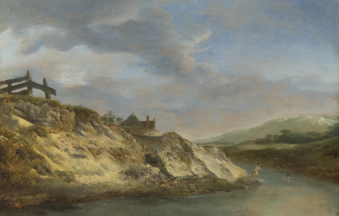 Фото обои пейзаж, картина, Филипс Вауэрман, A Stream in the Dunes with Two Bathers, Philips Wouwermans