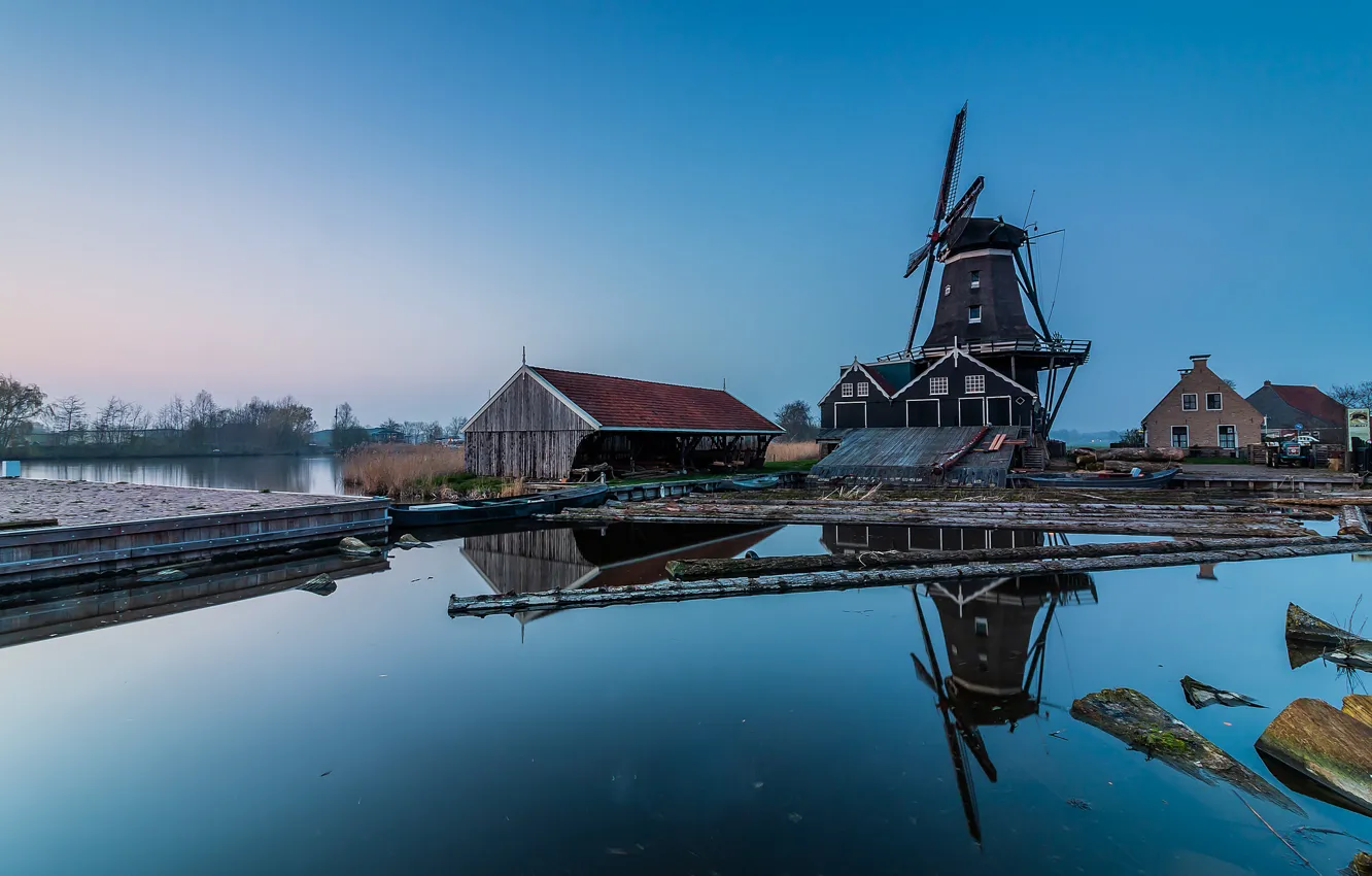 Фото обои пасмурно, утро, мельница, Нидерланды, ГОлландия