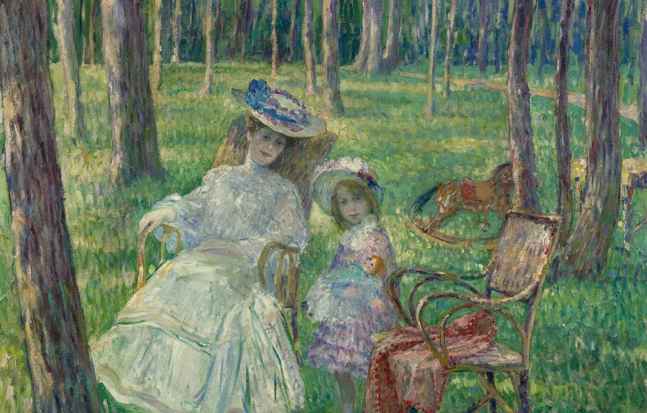 Фото обои картина, Henri Lebasque, Анри Лебаск, Мама и Дочка в Парке