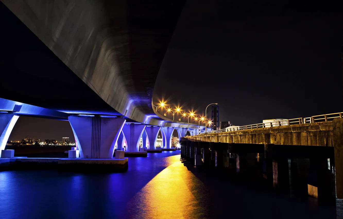 Фото обои ночь, мост, город, Маями
