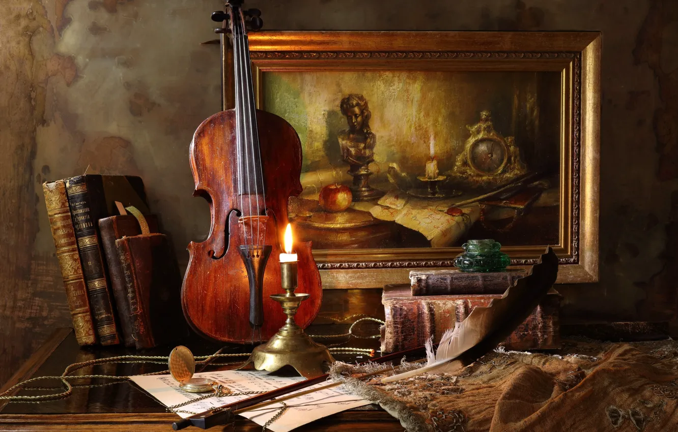 Фото обои стиль, перо, скрипка, часы, книги, свеча, картина, натюрморт