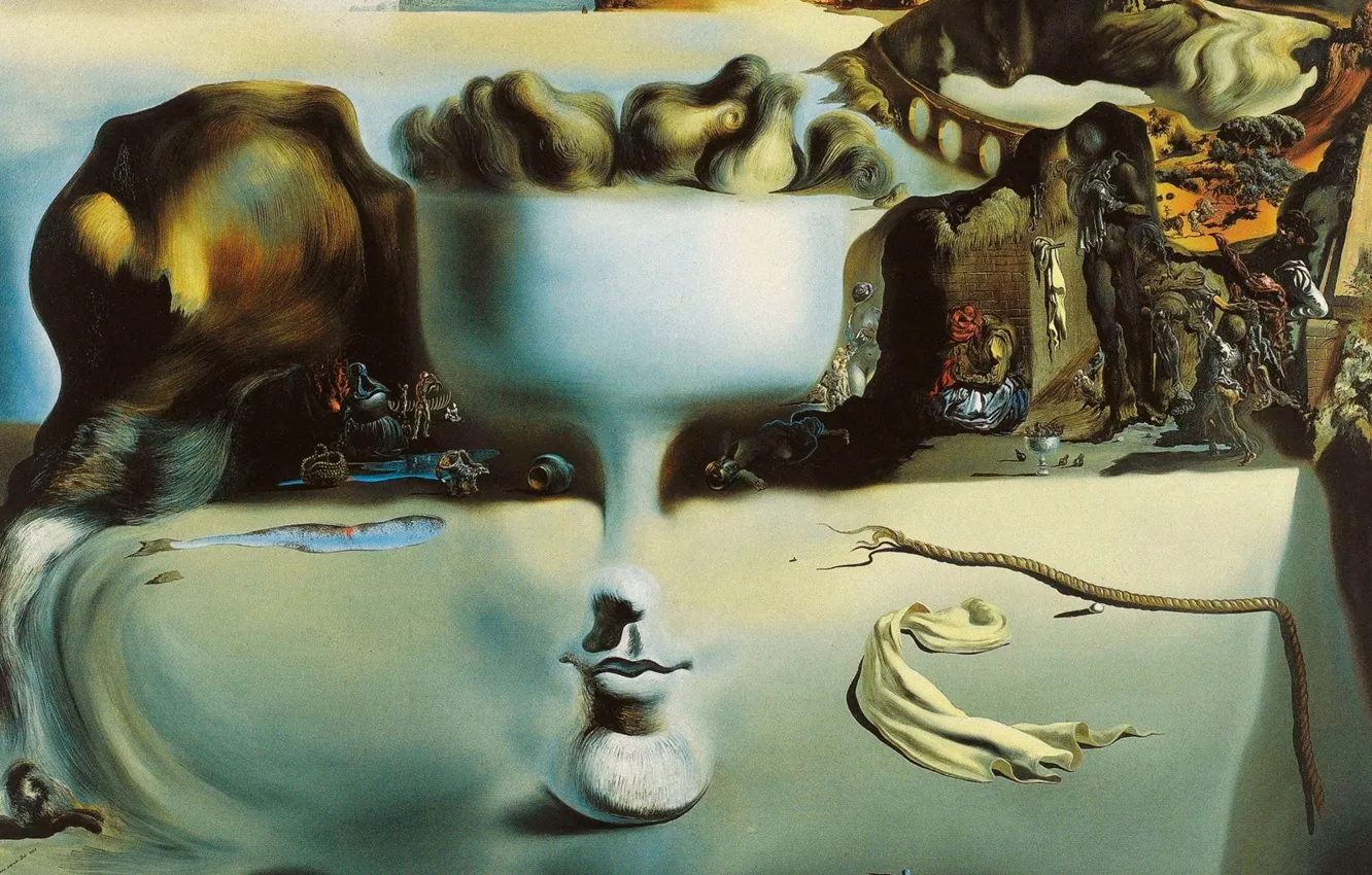 Фото обои сюрреализм, картина, Сальвадор Дали, Salvador Dali, Явление Лица и Вазы с Фруктами на Пляже
