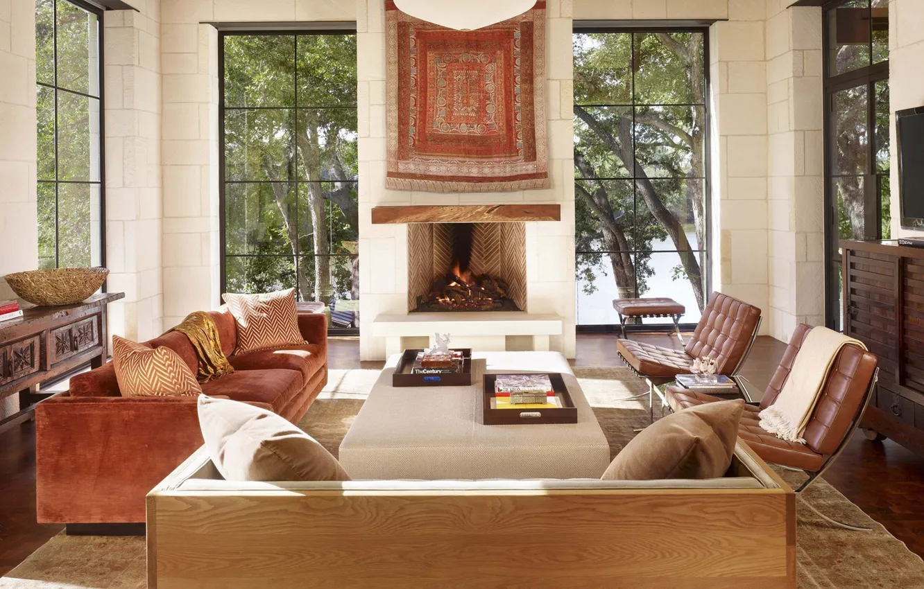 Фото обои дизайн, стиль, интерьер, камин, гостиная, Техас, Живописный дом у озера Остин, Scenic home in Texas
