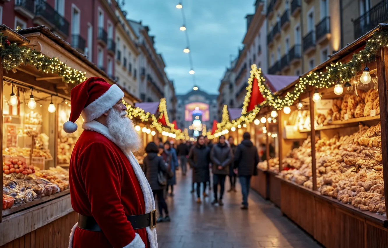 Фото обои украшения, city, город, улица, Рождество, Новый год, christmas, Санта Клаус