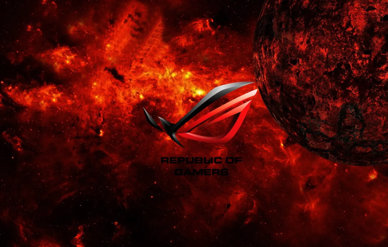Фото обои красный, планета, шар, high-tech, лава, Логотип, Logo, ASUS