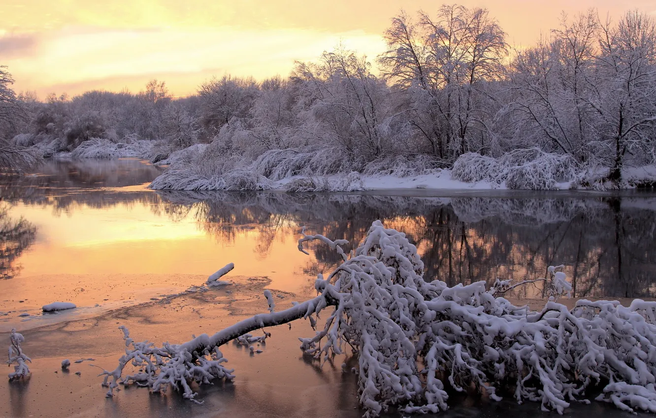 Фото обои зима, закат, река