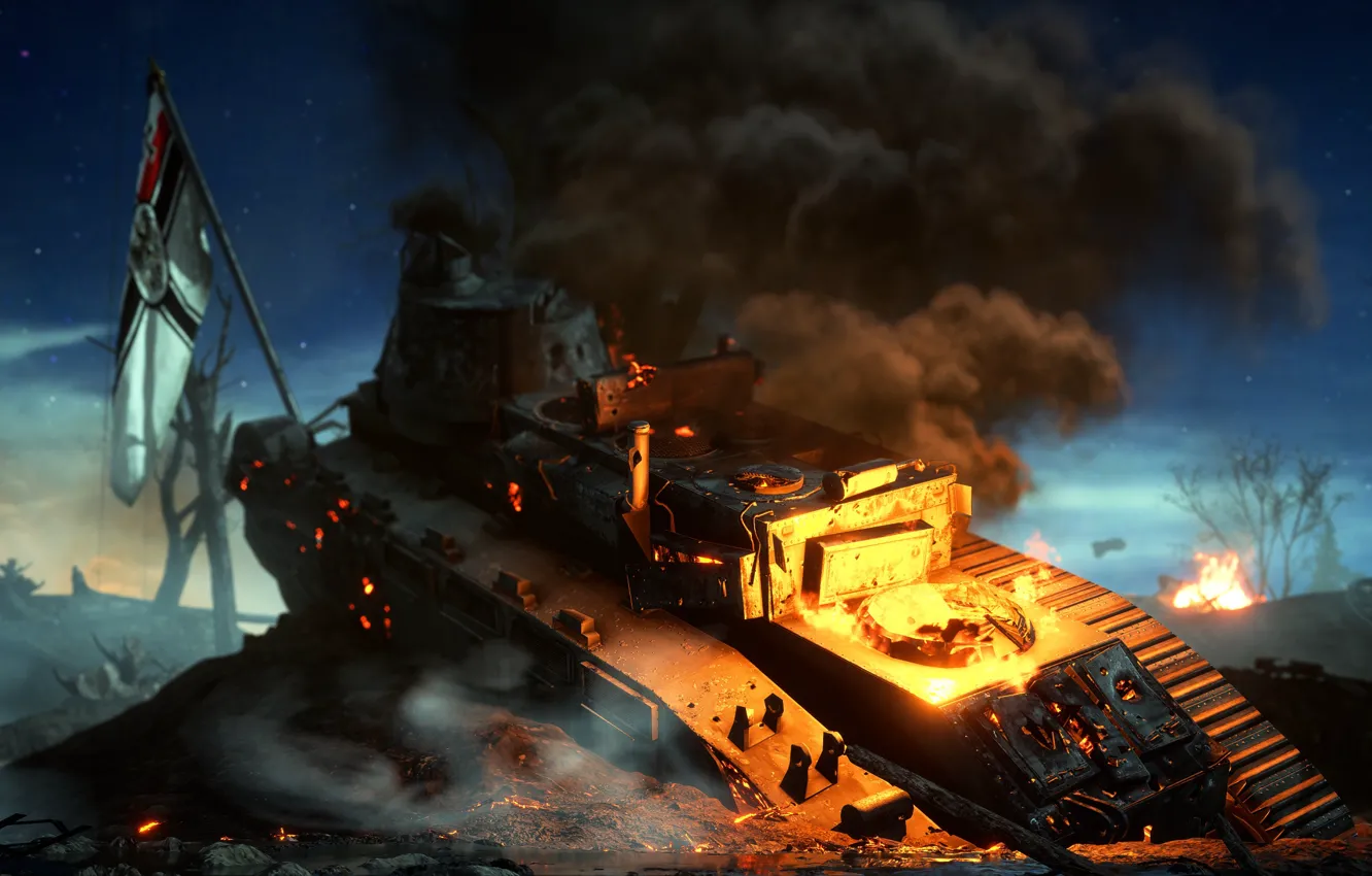 Фото обои дым, флаг, танк, Battlefield 1, поле битва