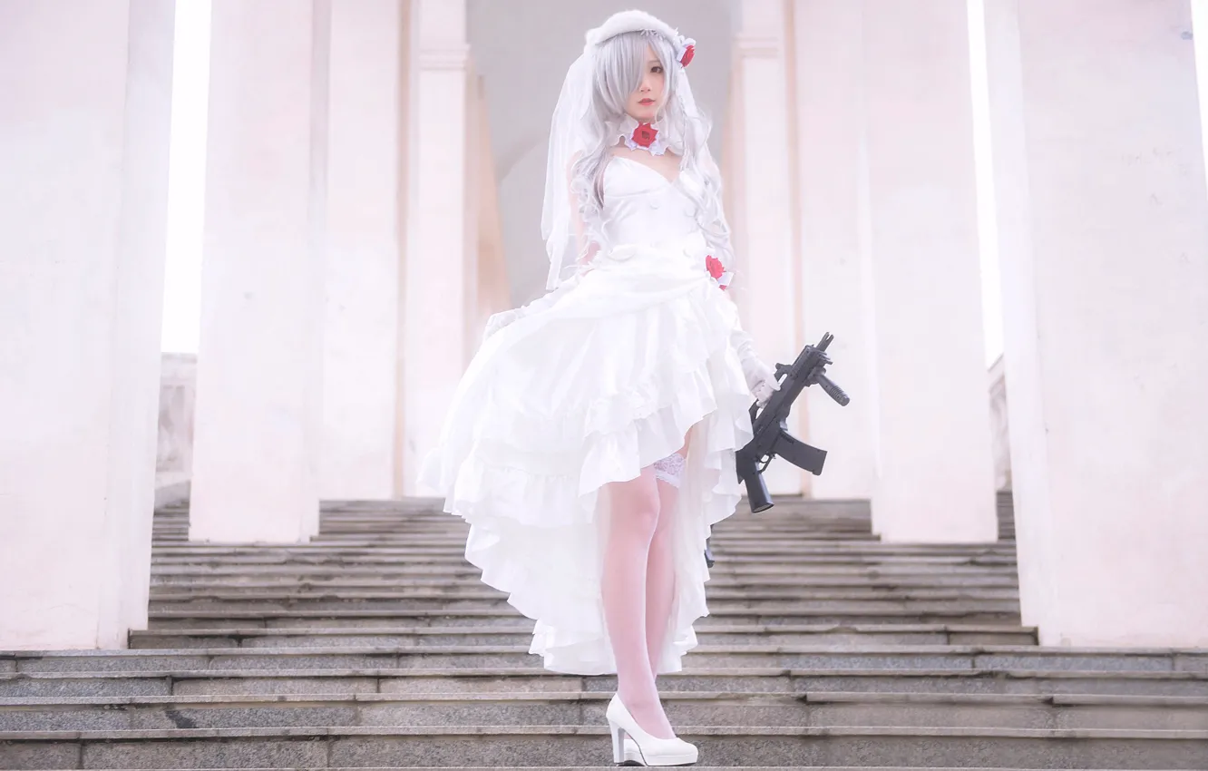 Фото обои Gun, Beautiful, Asian, Model, Woman, Pretty, White Hair, Cosplay