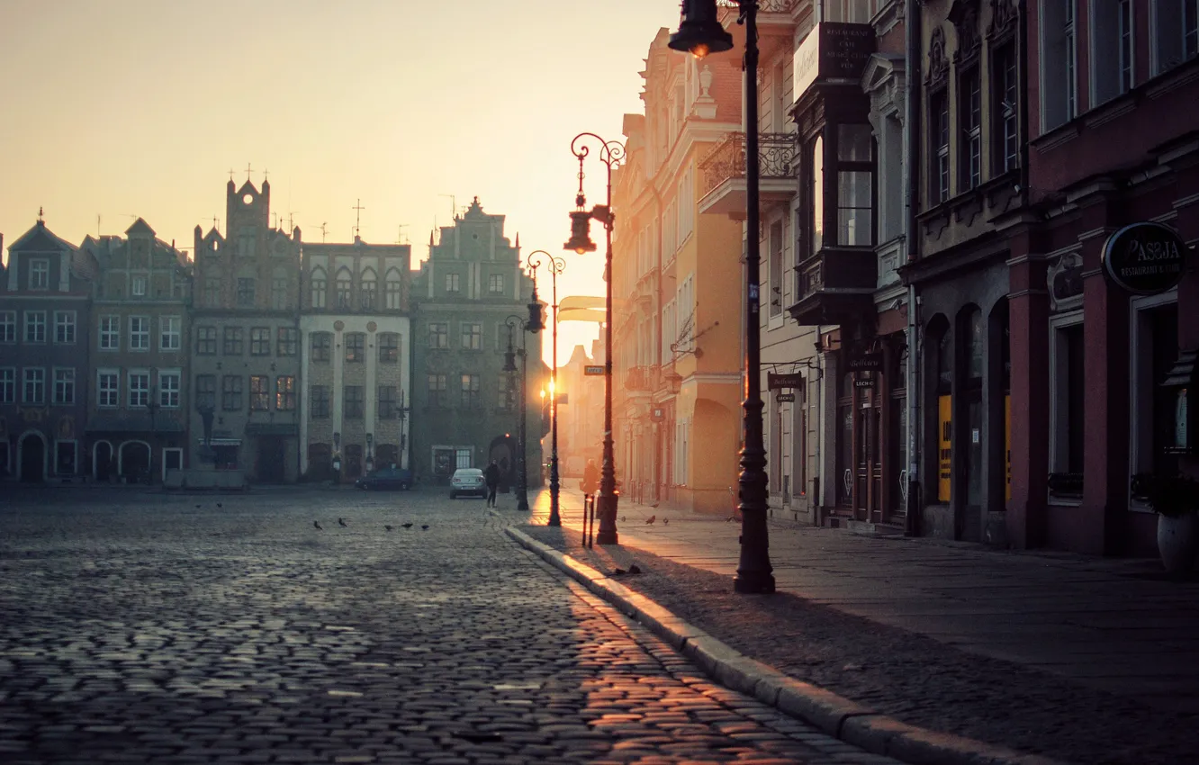 Фото обои улица, дома, утро, брусчатка, Польша, Познань