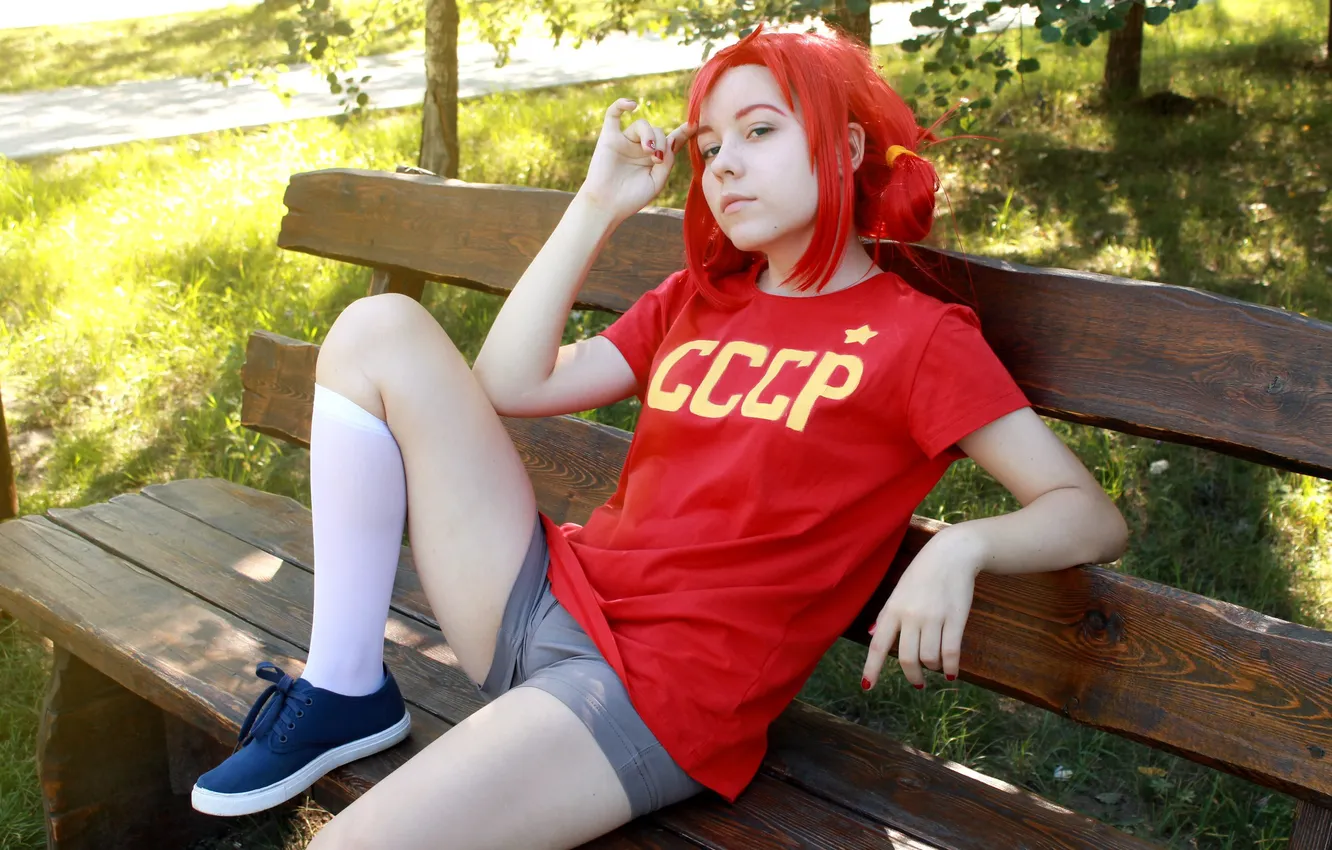 Фото обои girl, shorts, redhead, cosplay, cute, knee socks