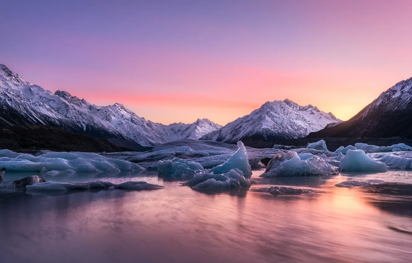 Фото обои закат, озеро, лёд, Новая Зеландия, Lake Tasman
