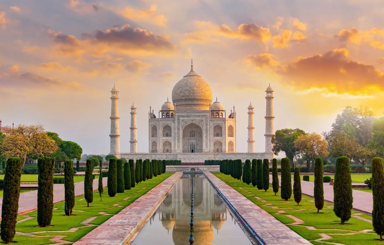 Фото обои Облака, Индия, Тадж-Махал, отражение в воде, Агра, Agra, India, Uttar Pradesh