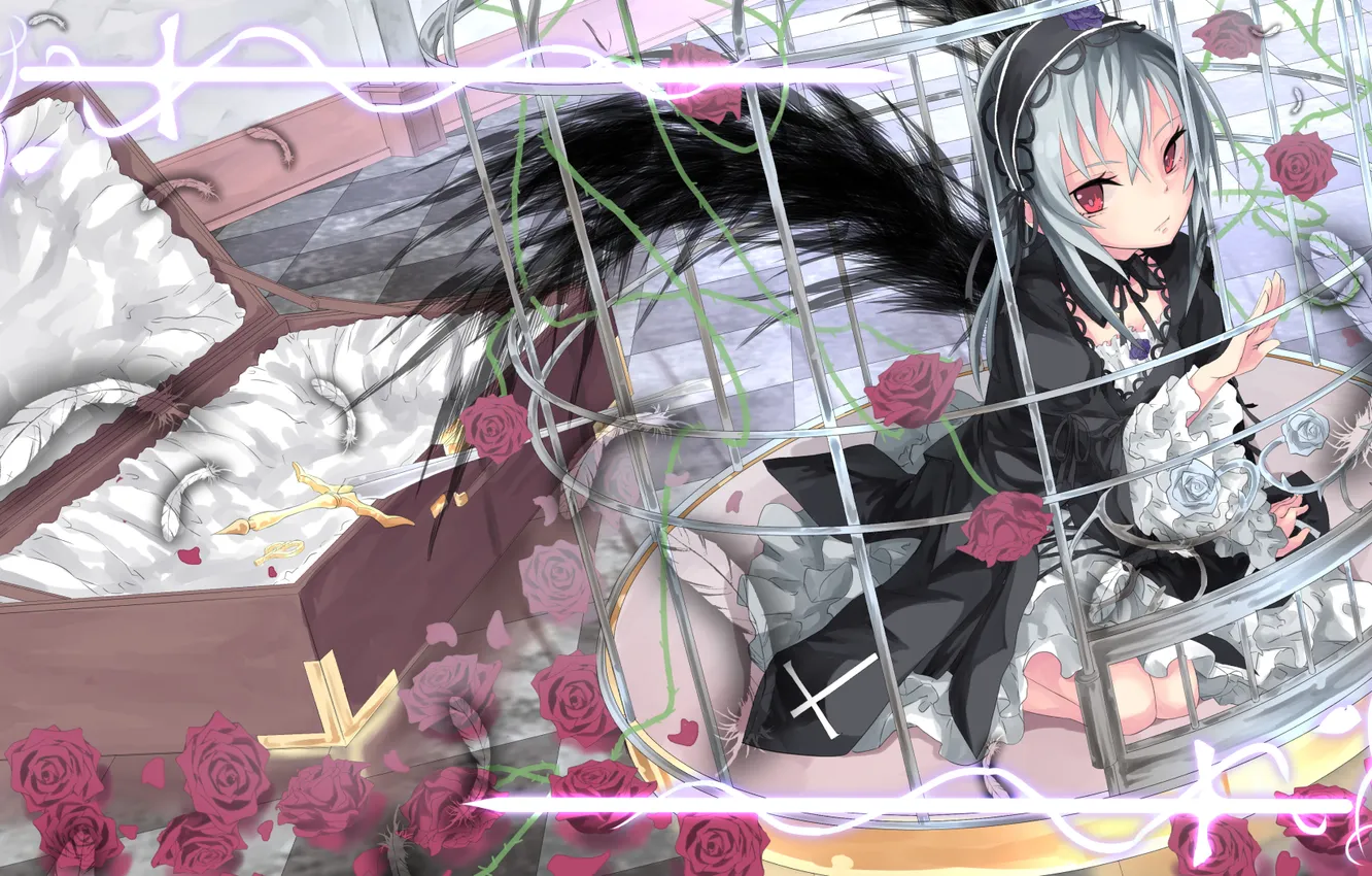 Фото обои девушка, цветы, оружие, розы, крылья, меч, клетка, аниме