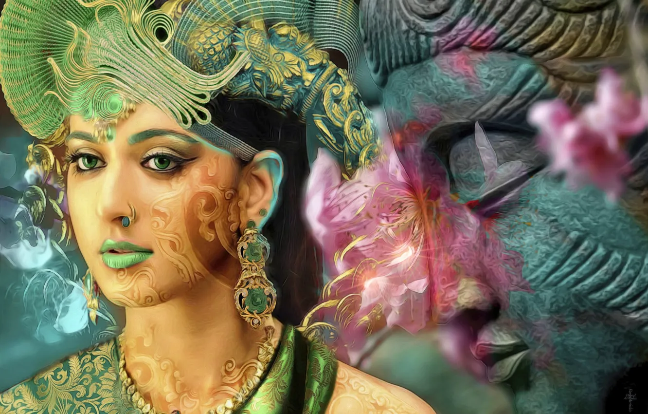 Фото обои девушка, коллаж, статуя, будда