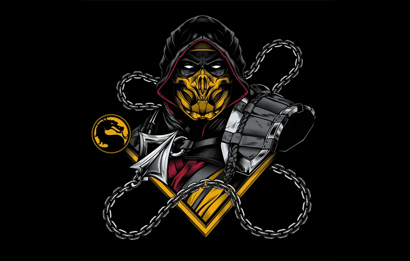 Фото обои цепь, чёрный фон, Mortal Kombat, Scorpion