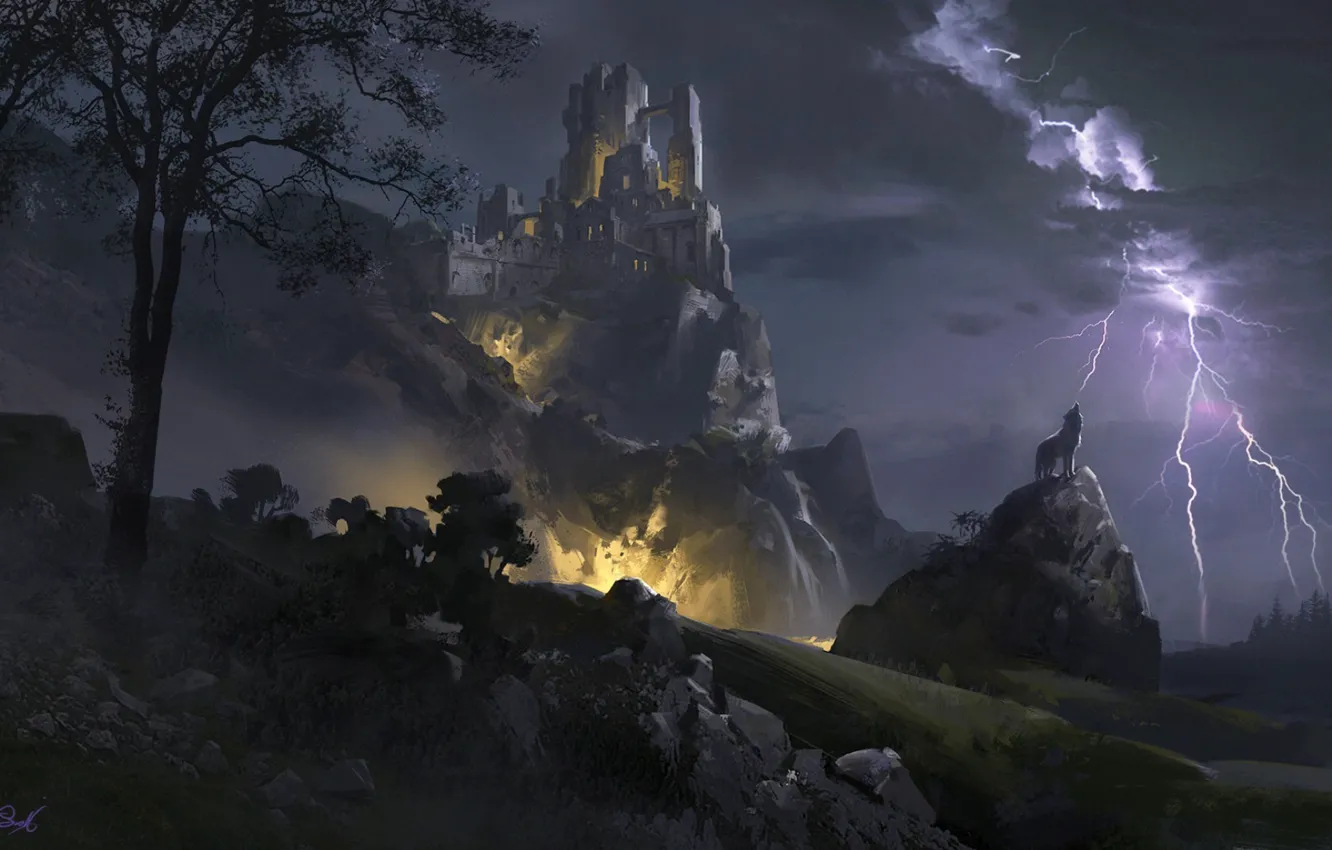 Фото обои горы, ночь, тучи, камни, замок, дерево, молния, волк