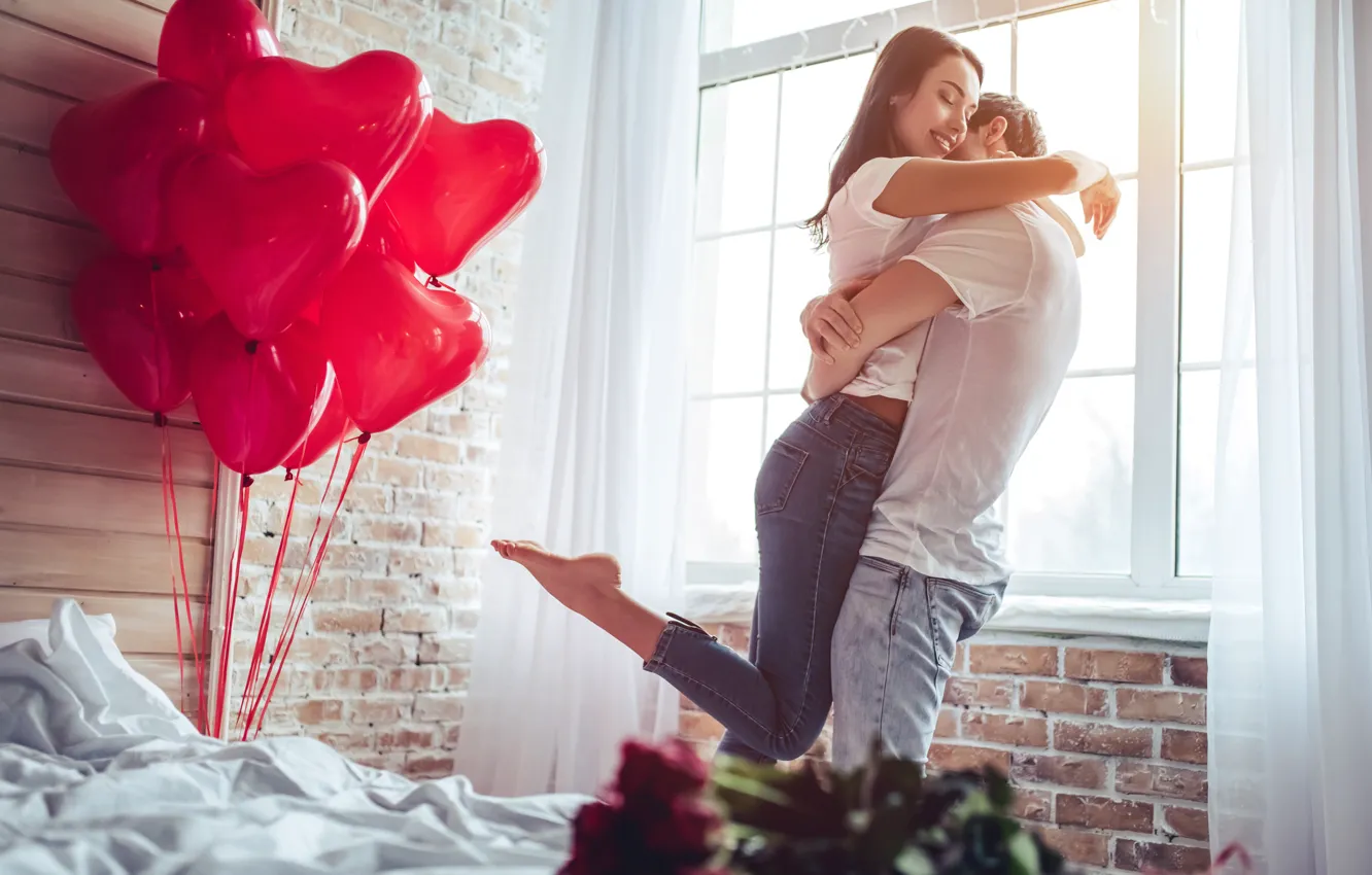 Фото обои Love, Девушка, Любовь, Сердечки, Парень, Двое, Праздник, 14 февраля