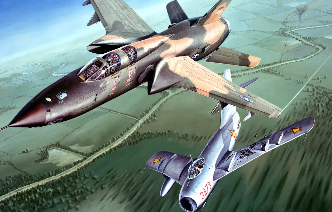 Фото обои рисунок, арт, Вьетнам, ВВС США, истребитель-бомбардировщик, Republic, МиГ-17, F-105