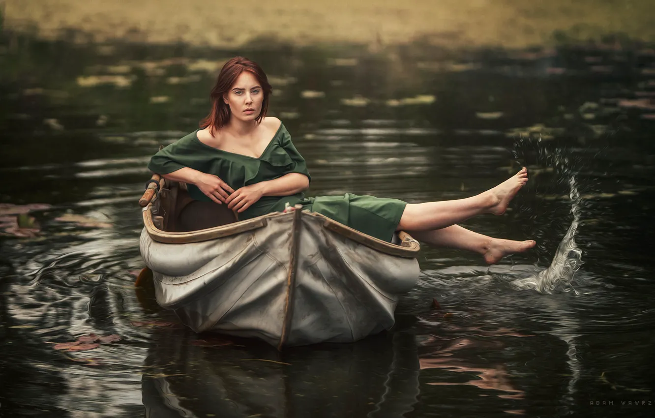Фото обои вода, девушка, поза, река, лодка, ножки, Adam Wawrzyniak