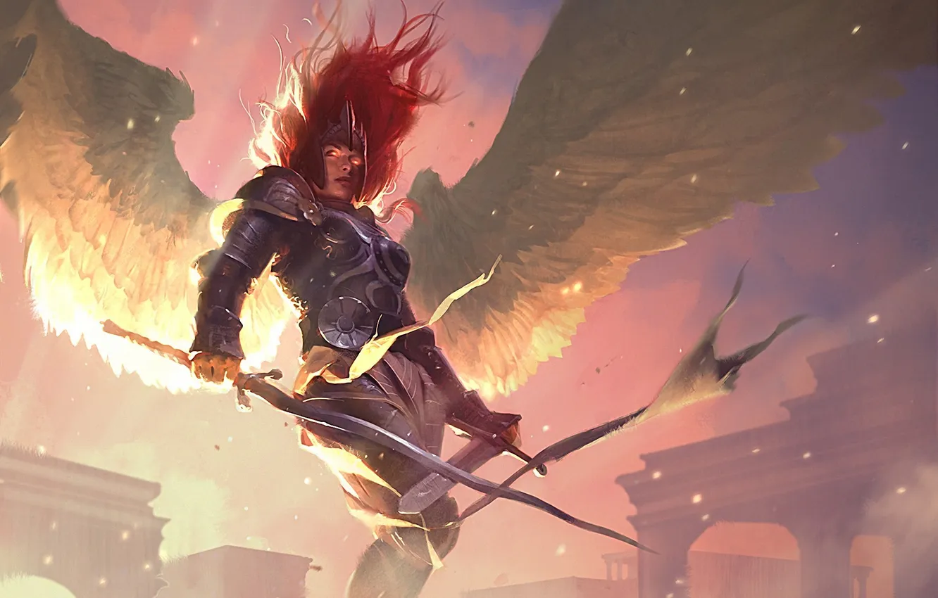 Фото обои девушка, солнце, оружие, ветер, крылья, меч, арт, рыжая
