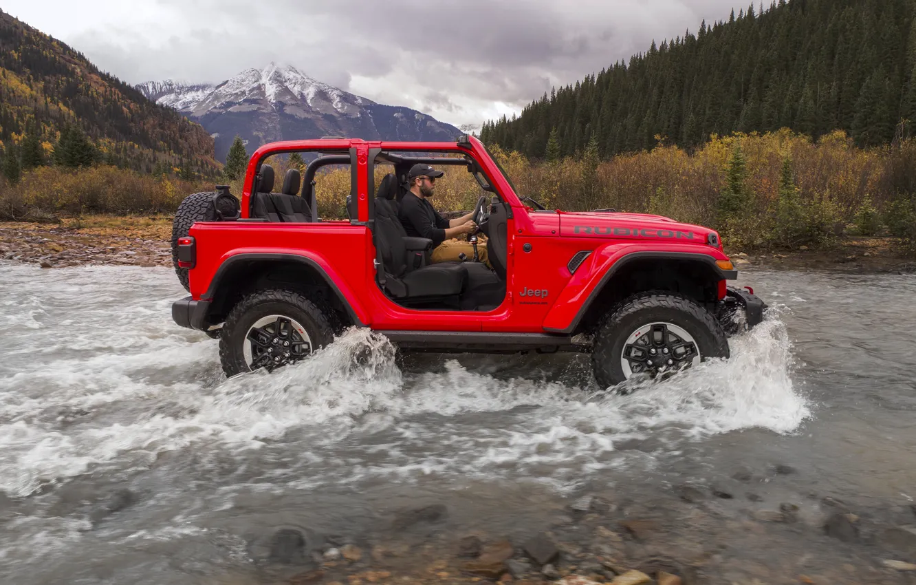 Фото обои красный, ручей, волна, 2018, Jeep, Wrangler Rubicon, форсирование