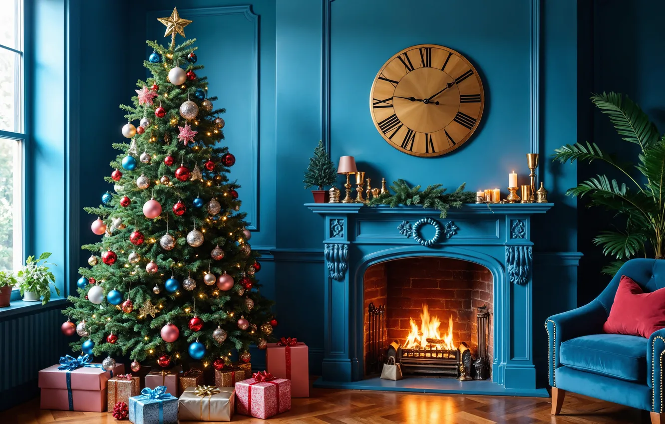 Фото обои комната, елка, интерьер, Рождество, Новый год, камин, Christmas, view