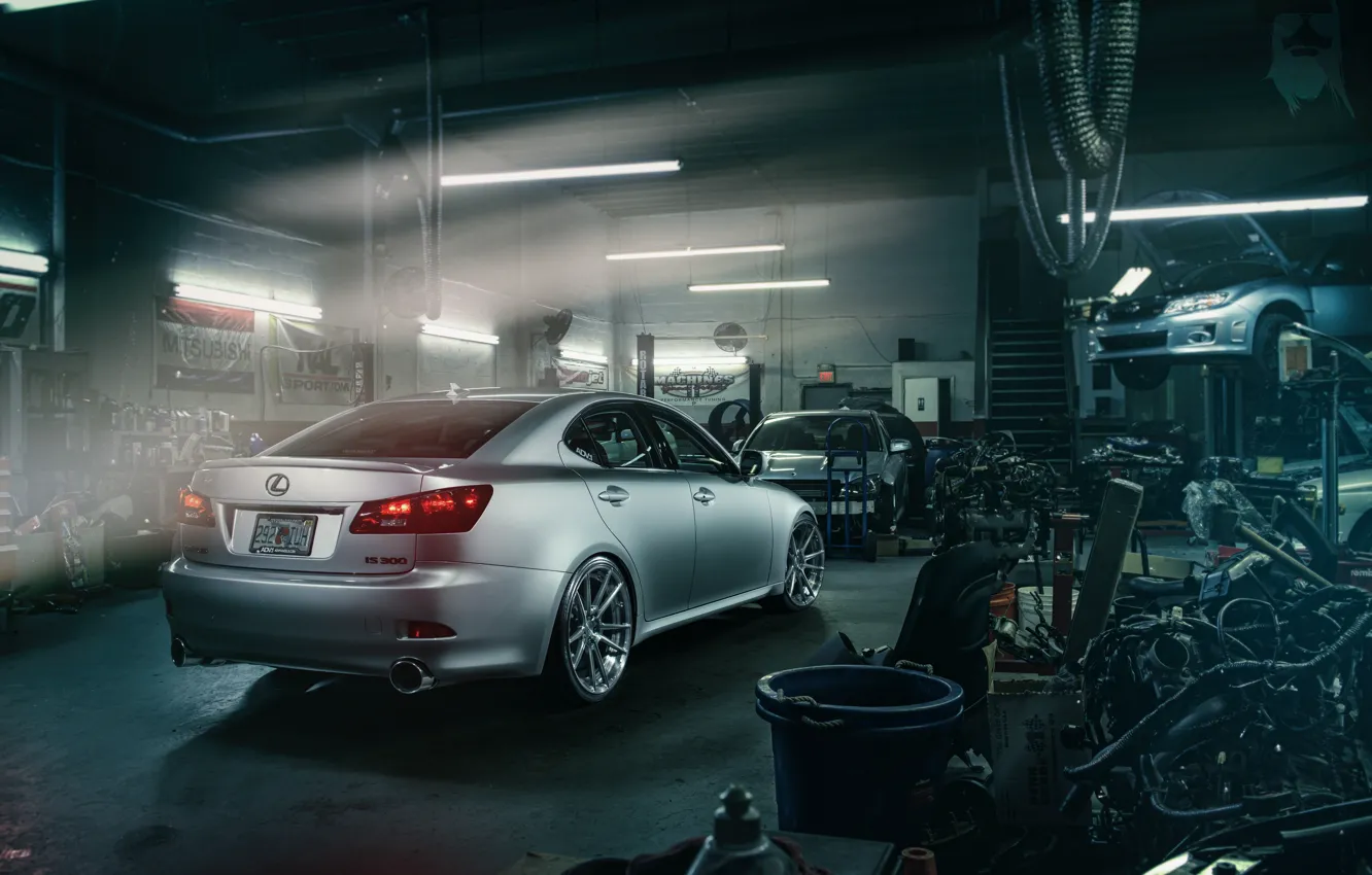Фото обои Lexus, Subaru, Impreza, мастерская, узлы, запчасти, silvery, подъёмник