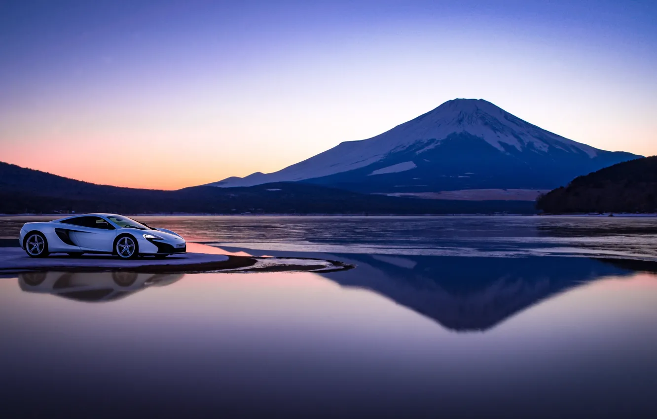 Фото обои закат, озеро, гора, McLaren, вечер, суперкар, 650S