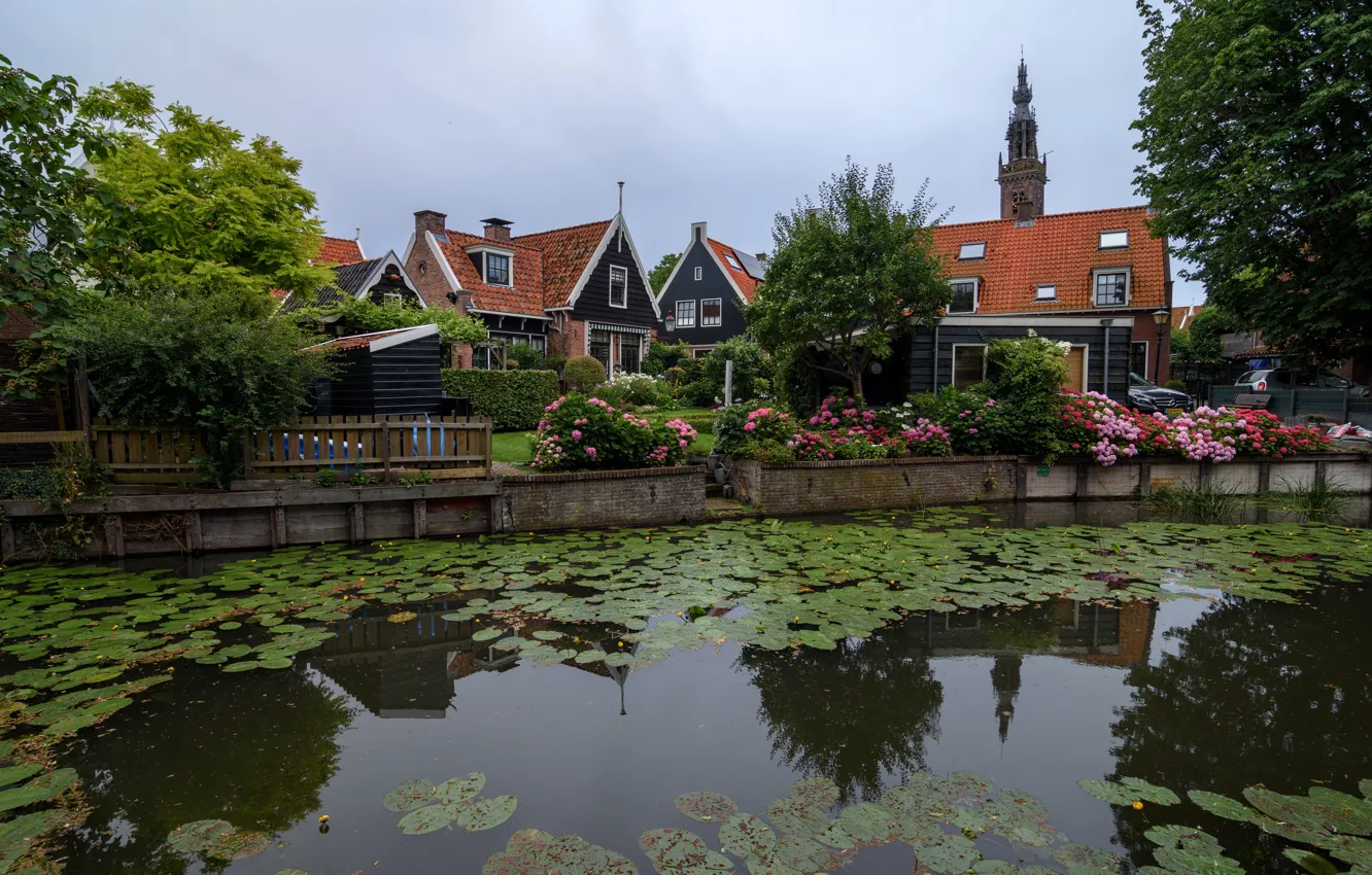 Фото обои небо, деревья, цветы, пруд, пасмурно, дома, сад, Нидерланды