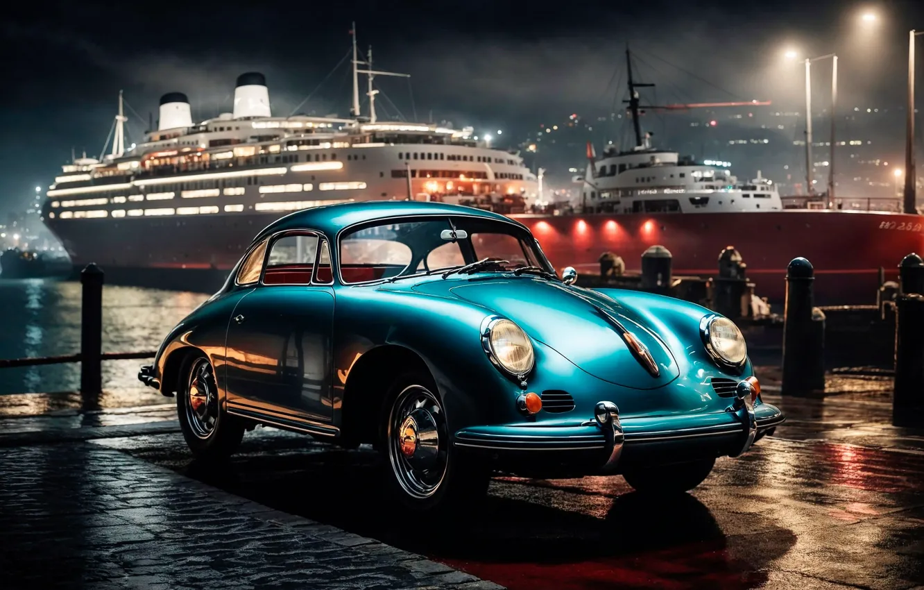 Фото обои машина, авто, причал, лайнер, Porsche 356, нейросеть