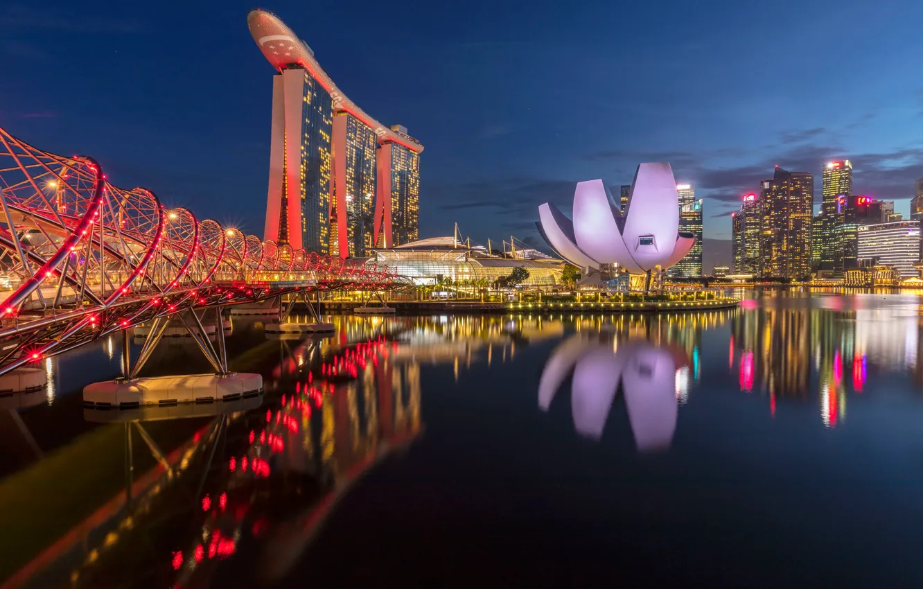 Фото обои мост, отражение, здания, залив, Сингапур, ночной город, Singapore, Marina Bay Sands