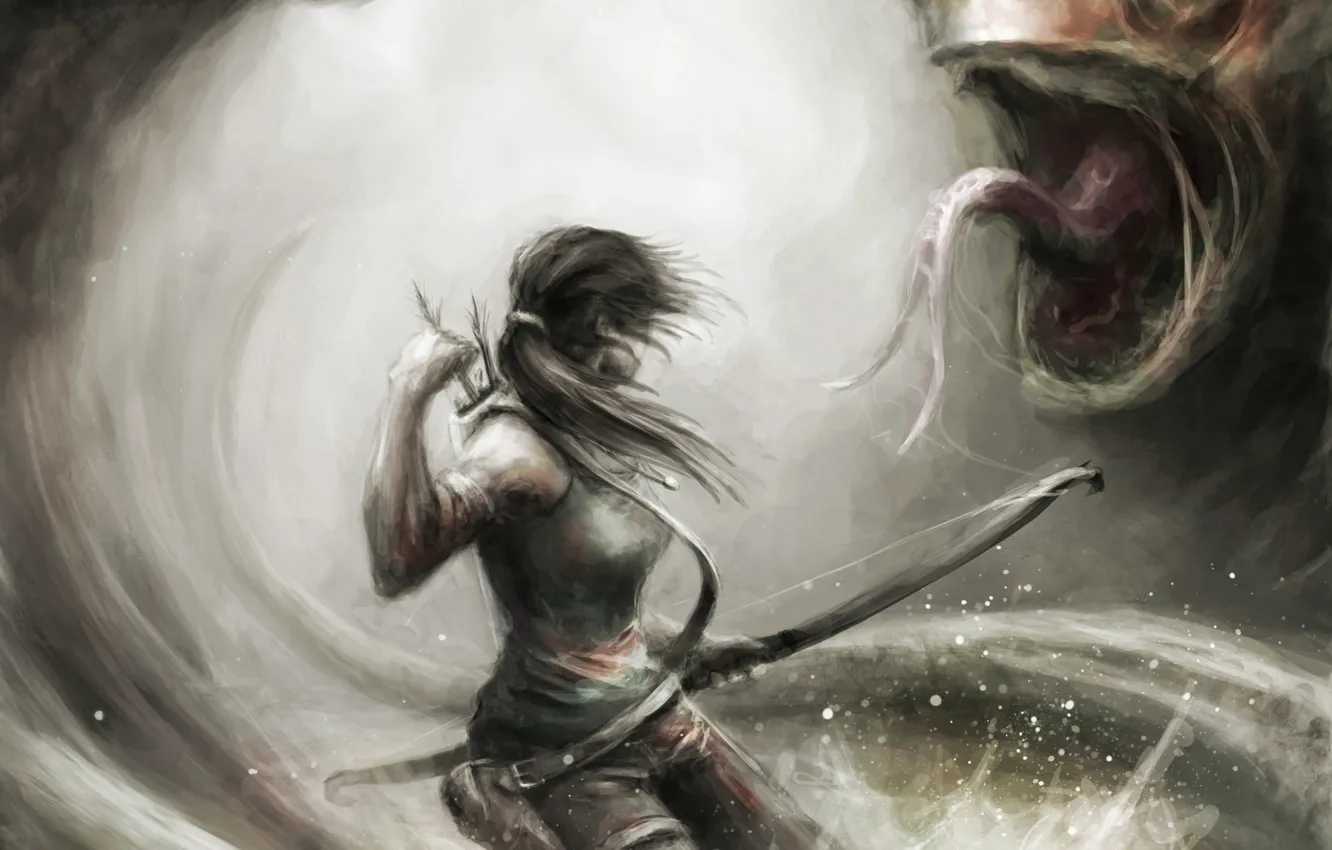 Фото обои девушка, оружие, монстр, лук, арт, Tomb Raider, стрелы, Lara Croft