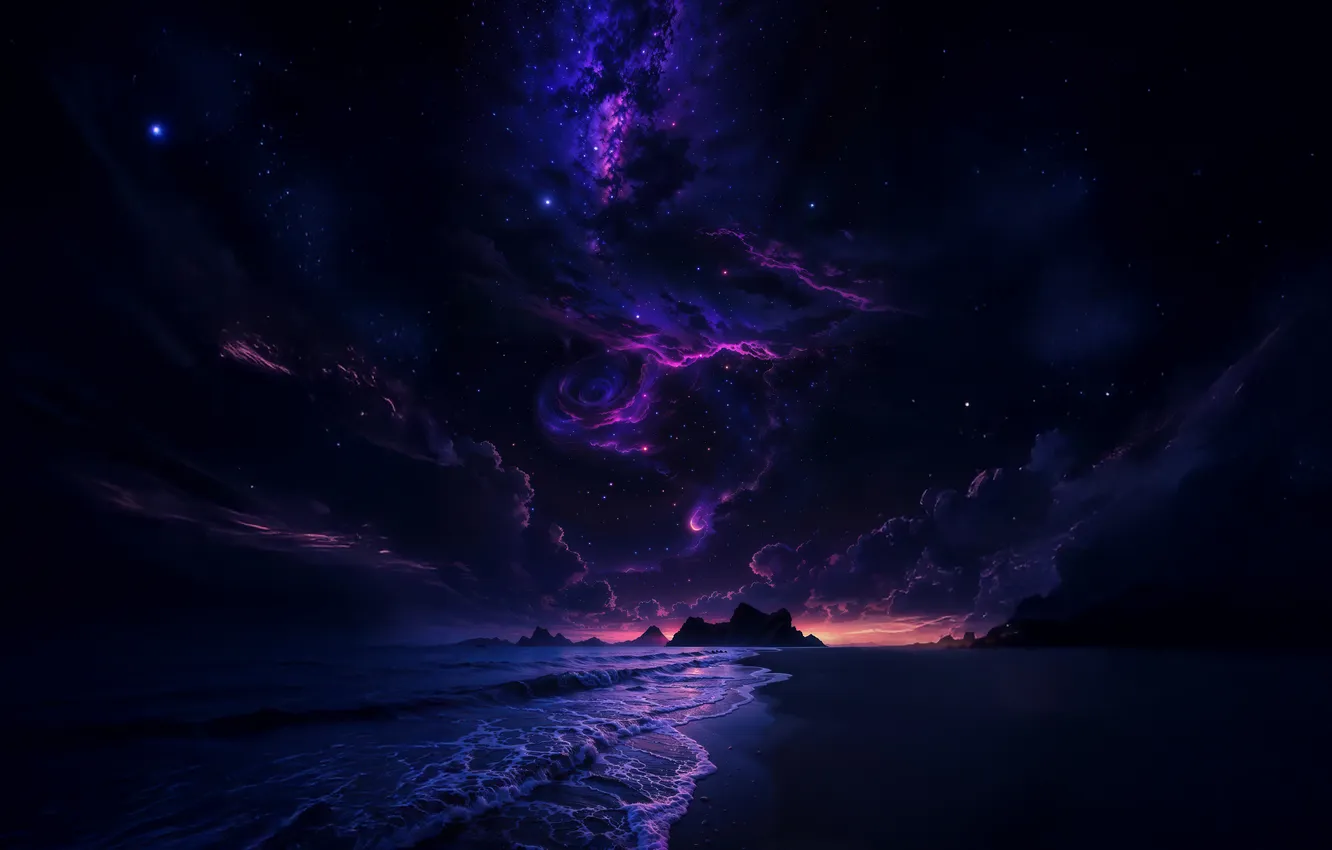 Фото обои море, пляж, фиолетовый, небо, горизонт, beach, sky, sea