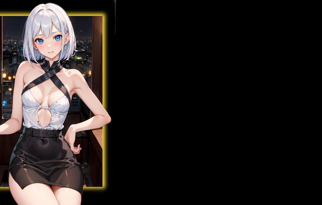 Фото обои kawaii, girl, hot, sexy, anime, night, blue eyes, short hair