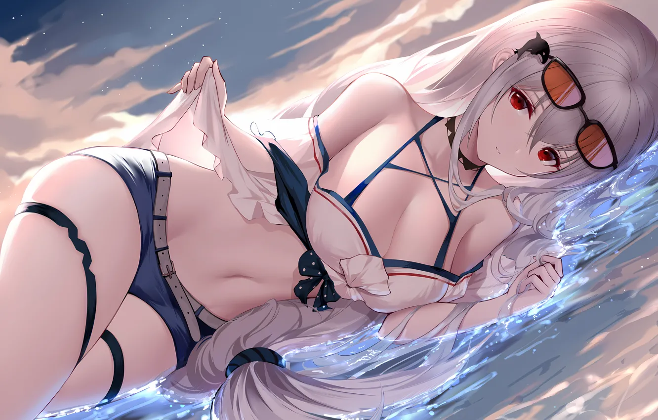 Фото обои girl, sexy, cleavage, beach, shorts, long hair, boobs, anime