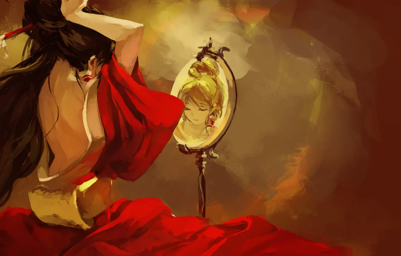 Фото обои девушка, отражение, красное, платье, зеркало, арт, touhou, спиной