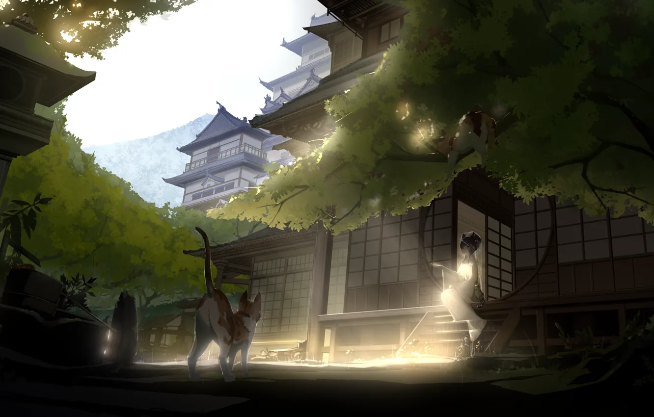 Фото обои сияние, замок, Япония, храм, жрица, пятнистая кошка, by Futoshi Ame