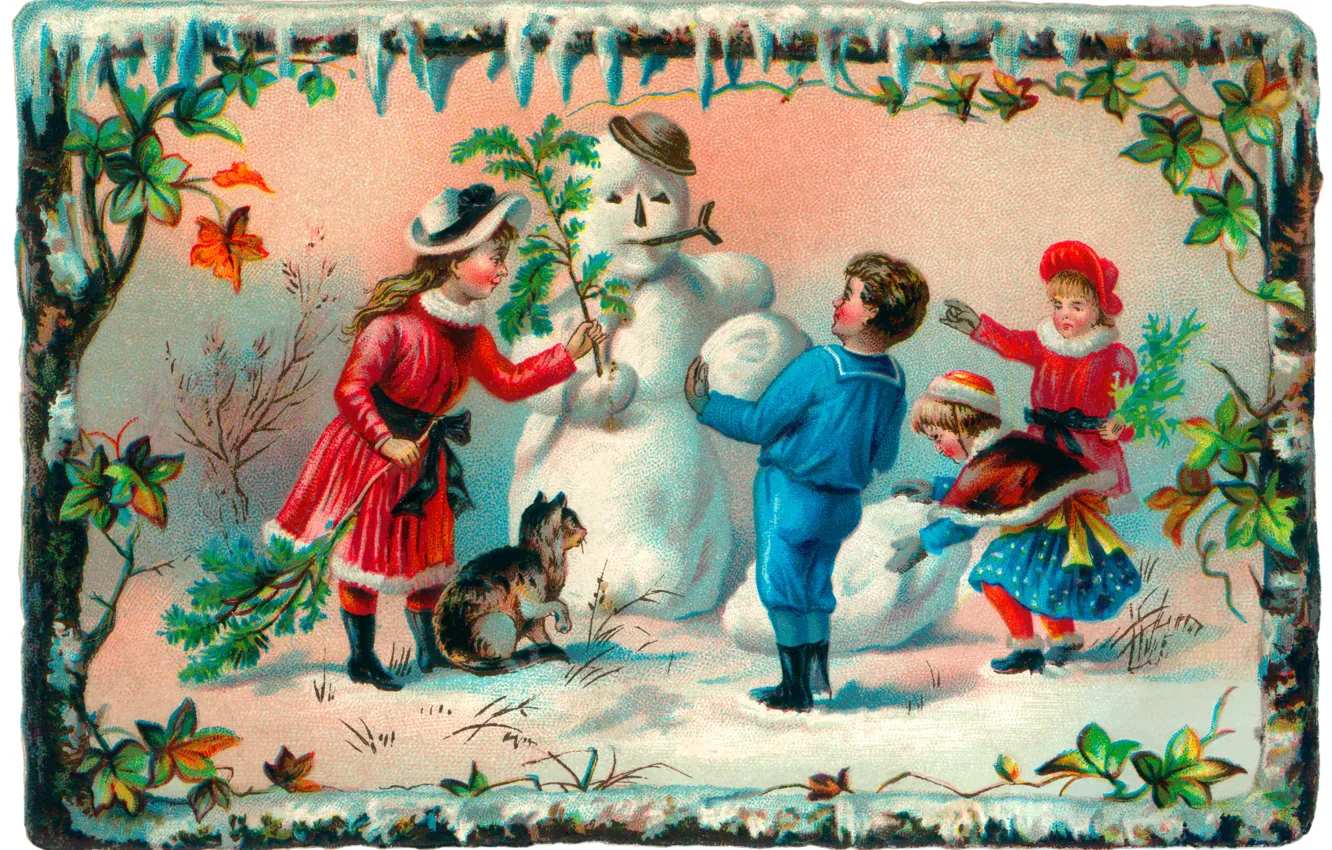 Фото обои зима, кошка, дети, девочки, мальчик, снеговик, открытка