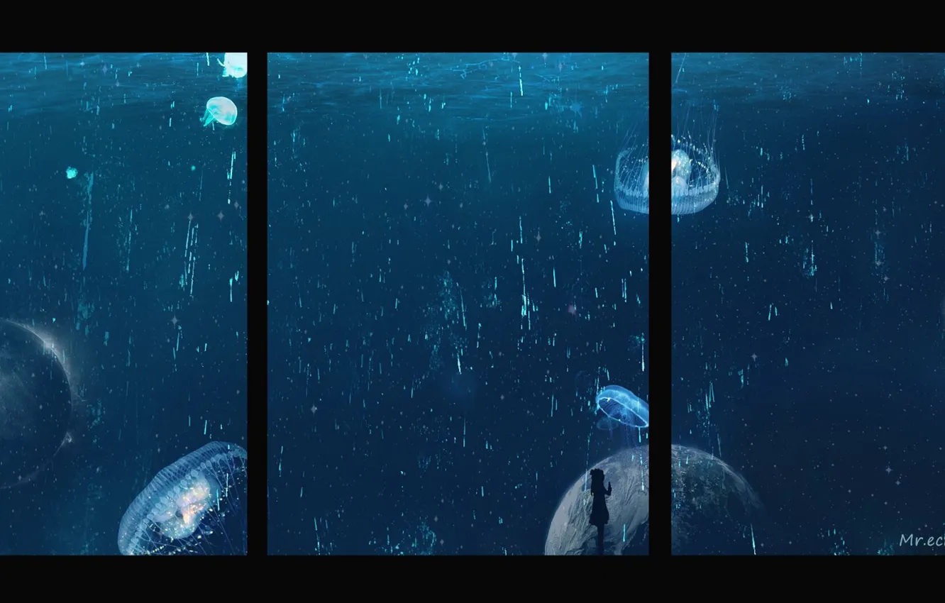 Фото обои девушка, космос, фантастика, медузы, под водой