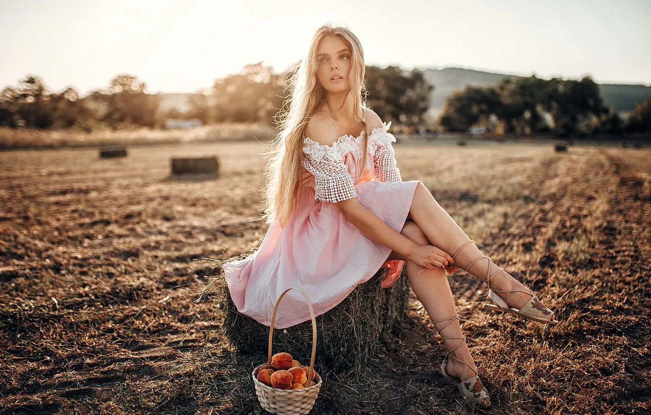 Фото обои Girl, wallpaper, Girls, Blonde, picture, Posing, Field, Fruit Basket
