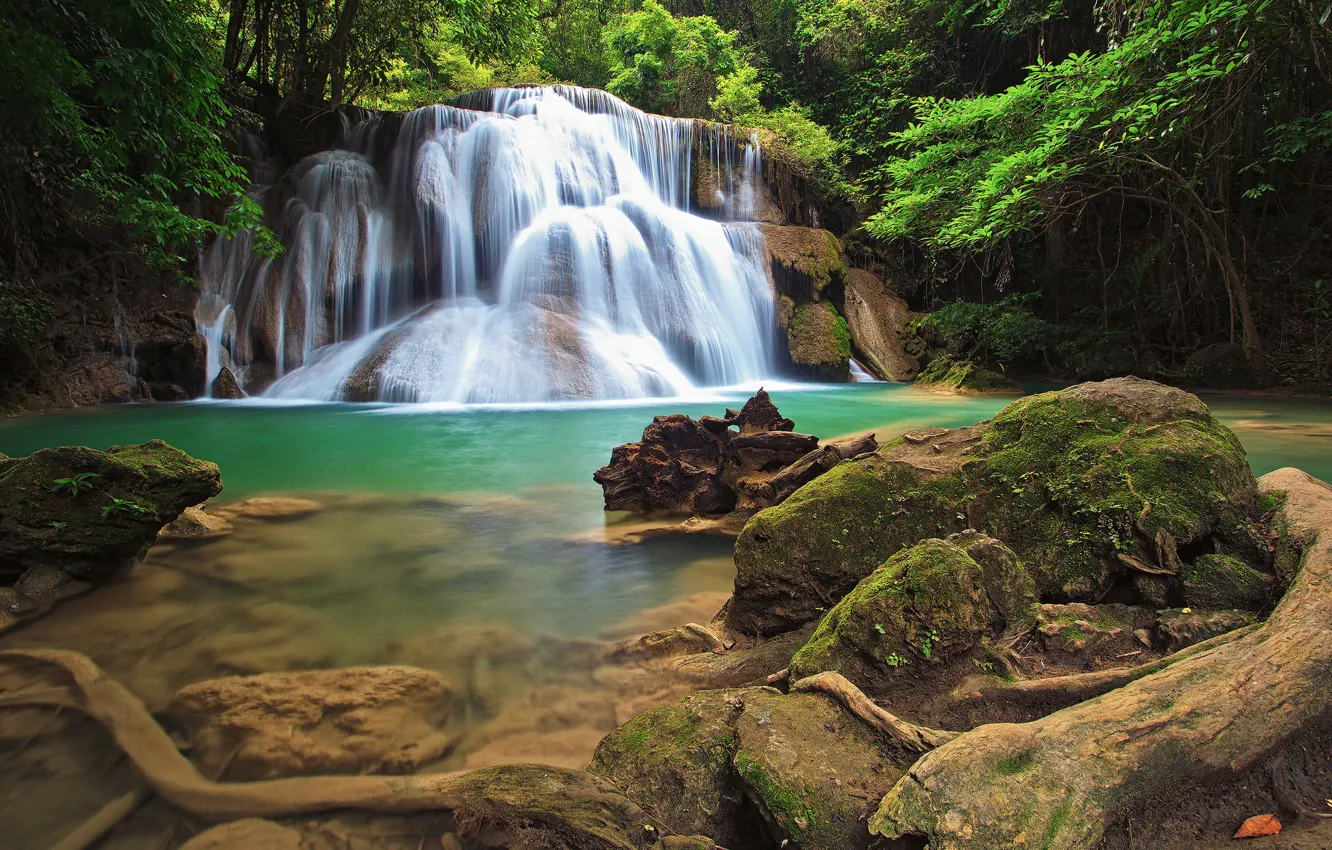 Фото обои зелень, лес, деревья, тропики, камни, водопад, Таиланд
