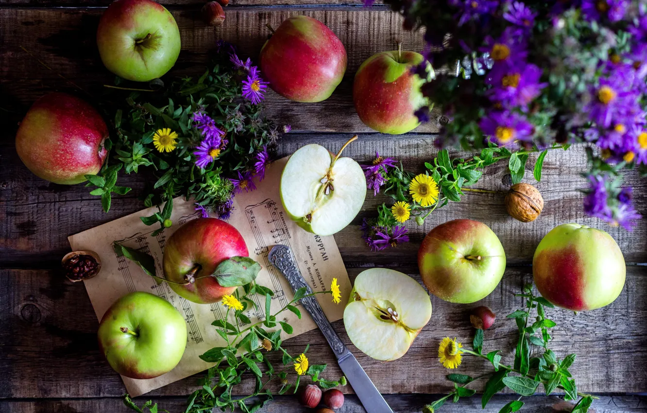 Фото обои цветы, яблоки, орехи, wood