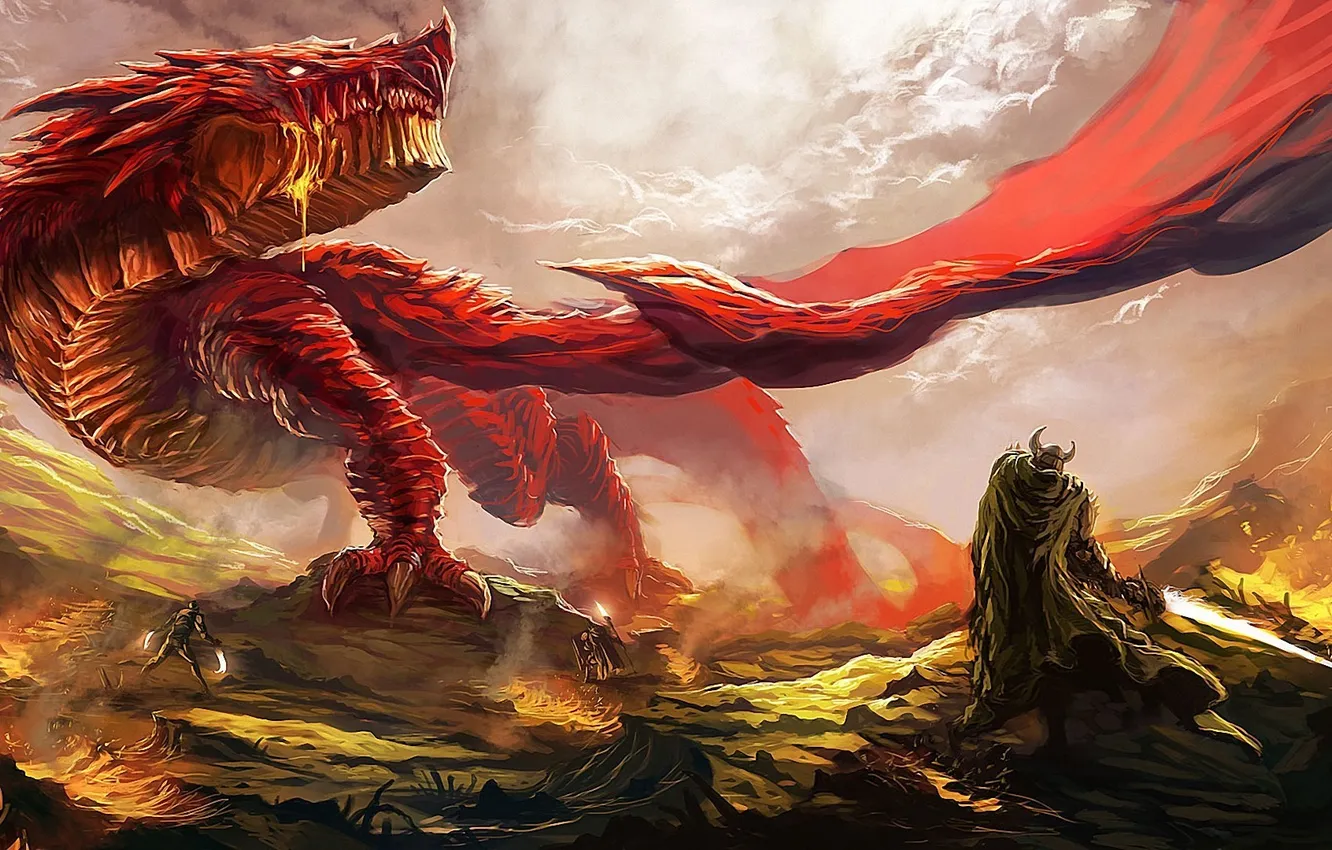 Фото обои красный, дракон, войны, арт, ярость, ящер, битва