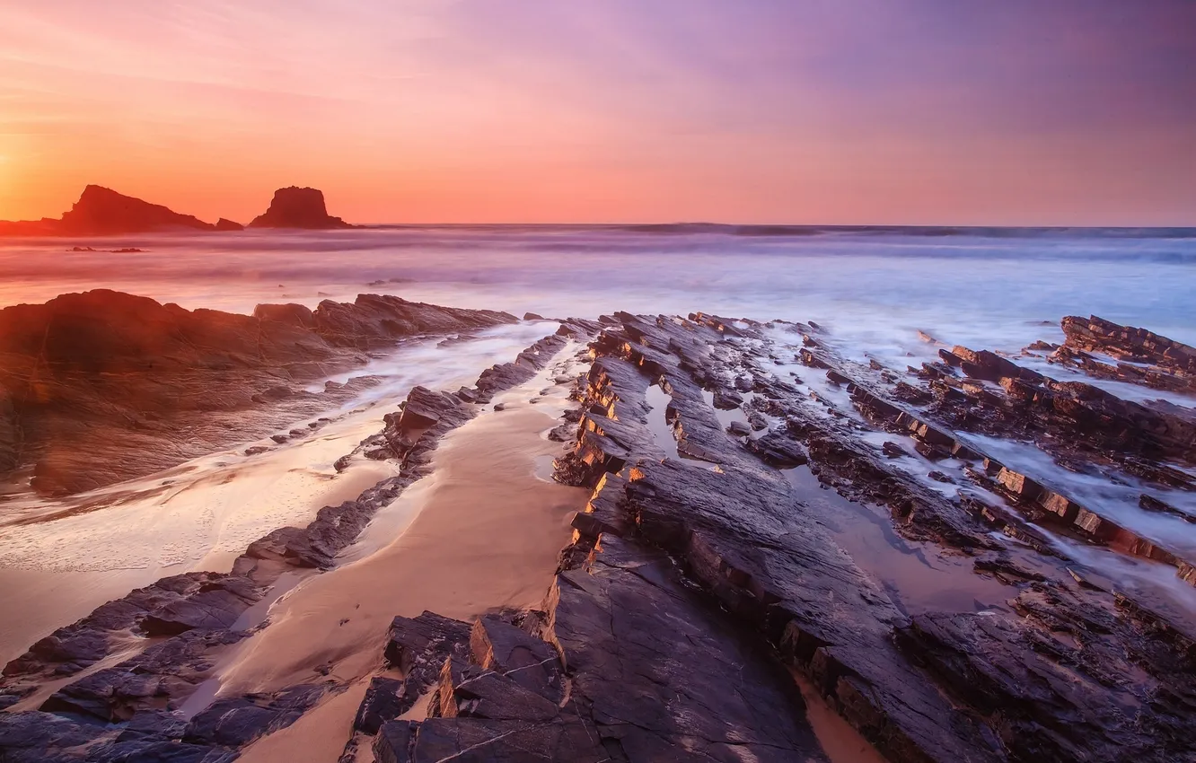 Фото обои море, закат, камни, скалы, побережье