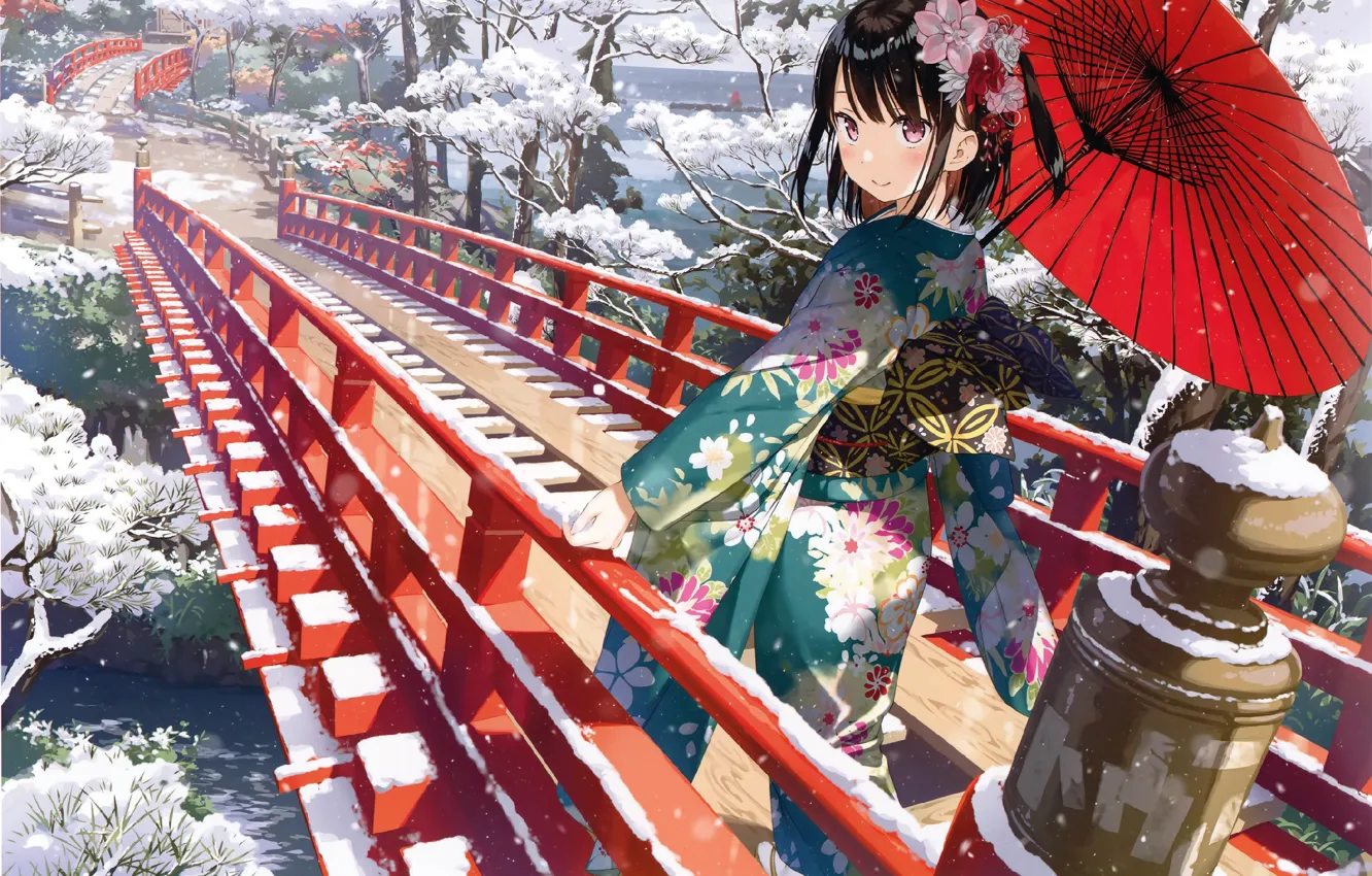 Фото обои девочка, кимоно, красный зонт, зимний пейзаж, цветок в волосах, обернулась, деревянный мост, снег на ветках