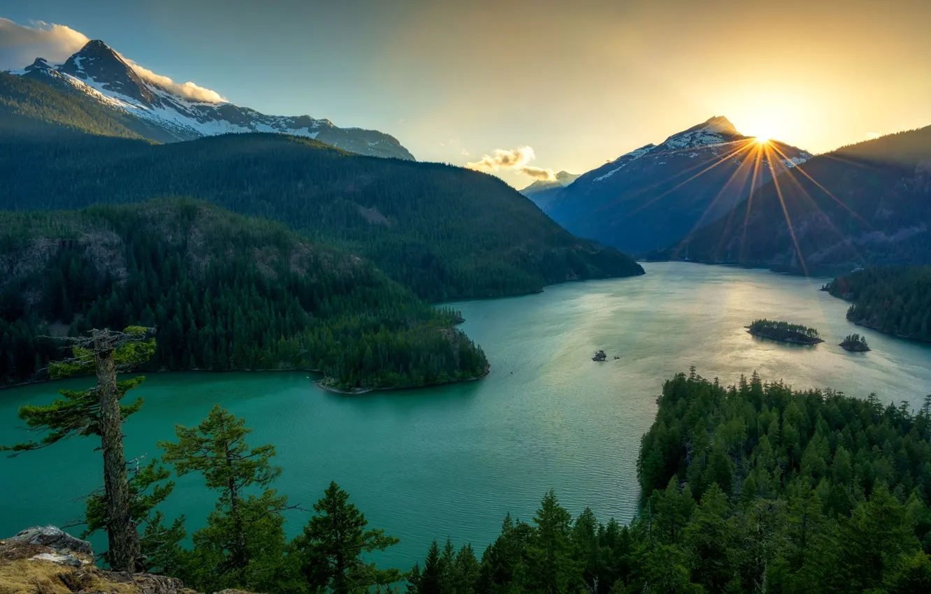 Фото обои лес, солнце, горы, озеро, вид, водоем