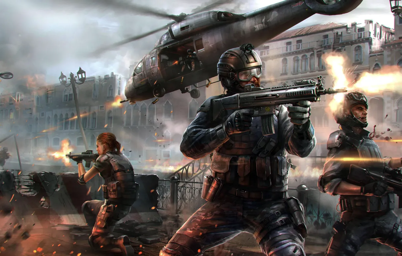 Фото обои city, fire, battlefield, flame, gun, pistol, soldier, weapon
